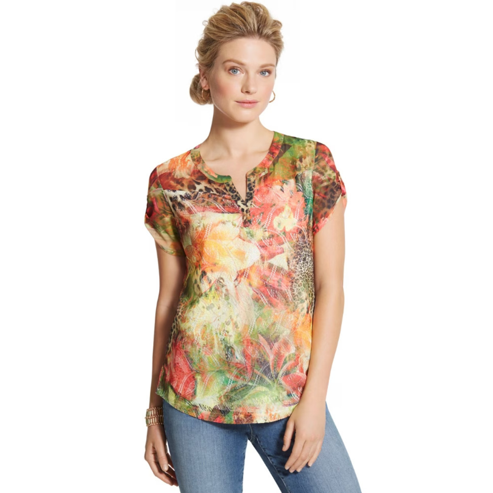 Chico's Summer Surprise Shirt Womens Size 2 US L 12 Multicolor Lace Mesh Lined